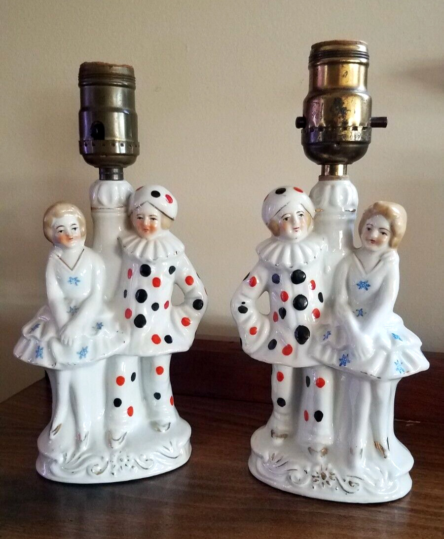 Vintage Porcelain Victorian Dancing Couple Table Figural Lamps - Tested & Work