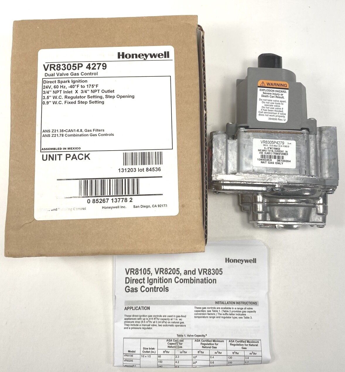 NEW Honeywell VR8305P 4279 NOS Dual Gas Valve Control 24V 60Hz 3/4\