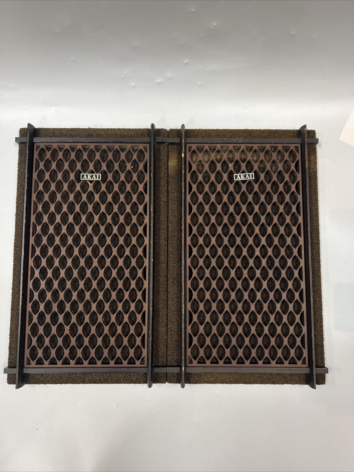 Vintage 70s Pair Of AKAI SW-125 Wood Grill Speaker Cabinet Covers Made in Japan
