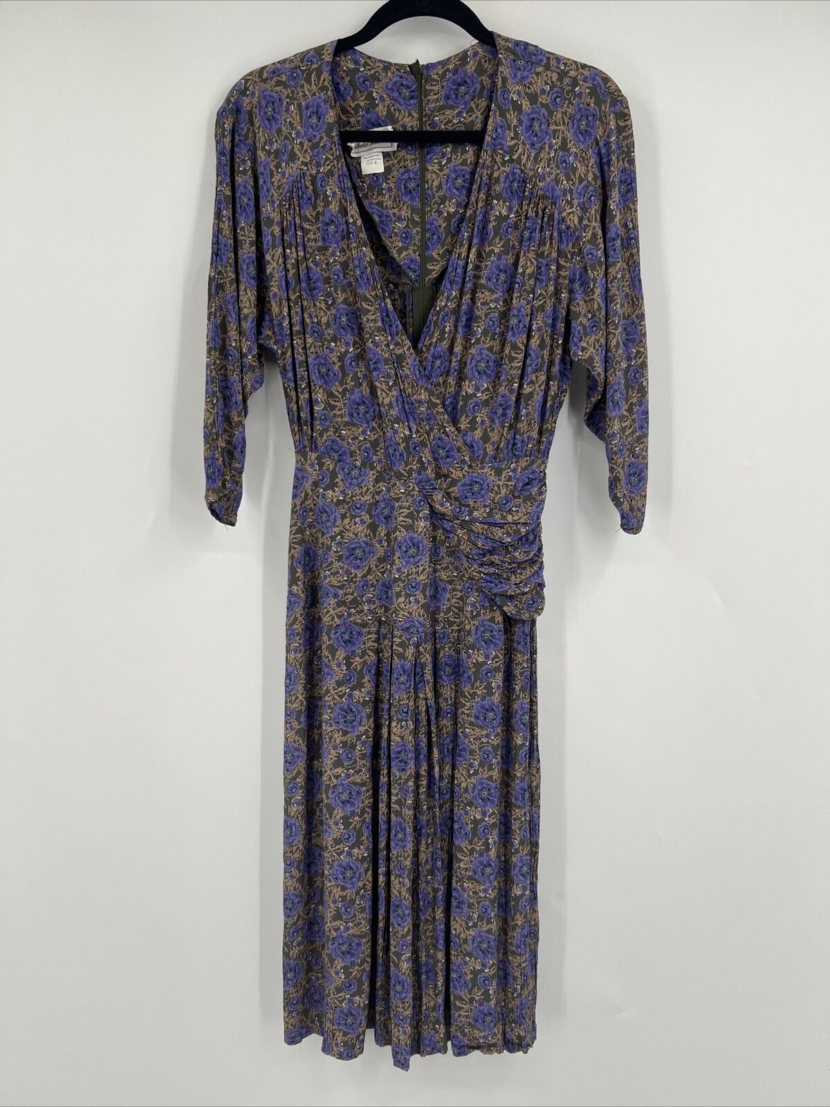 Vintage Michelle Stuart Floral Purple Front Wrap Midi Long Sleeve Dress USA Size