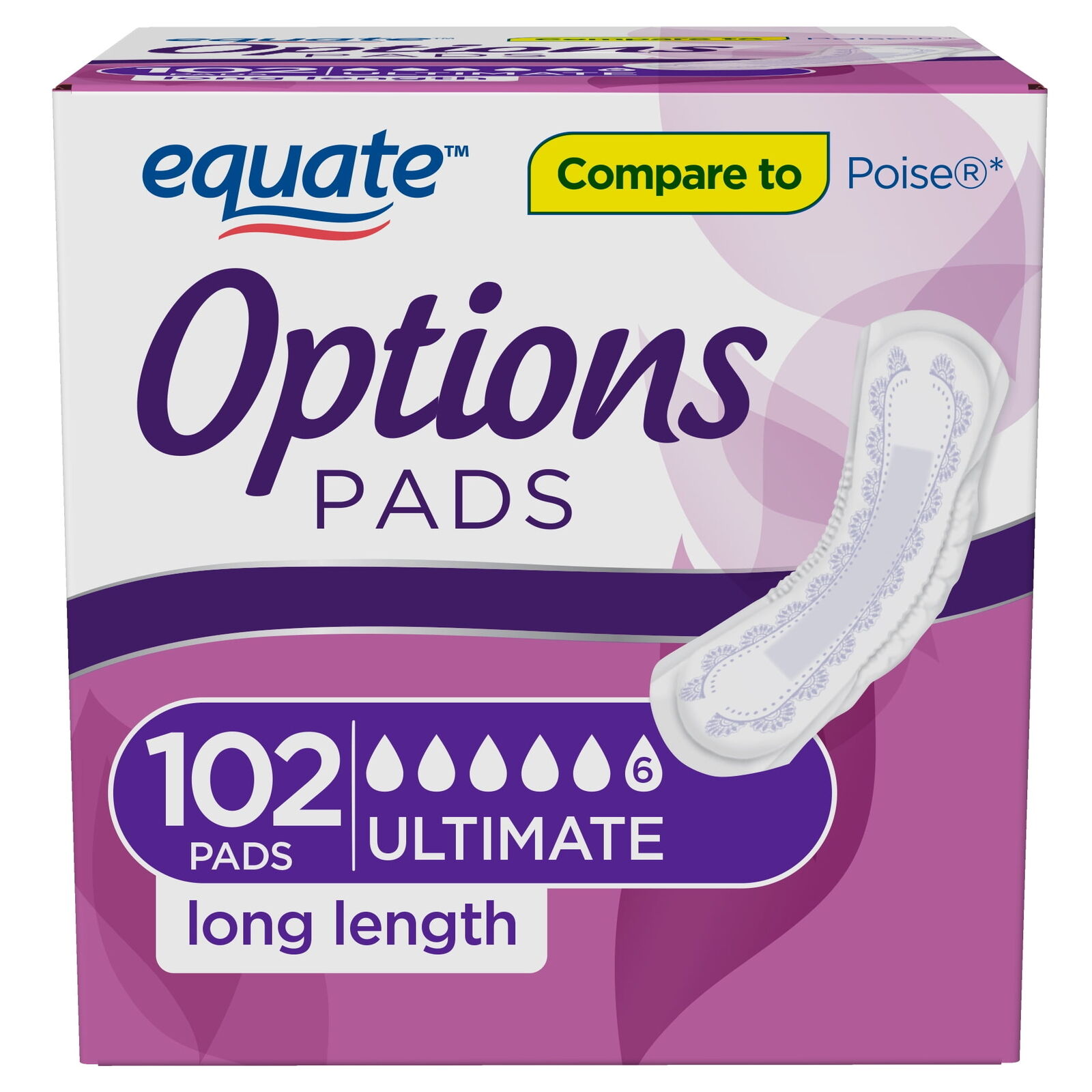 Equate Options Women's Incontinence Pads, Ultimate Absorbency,  Long (102 Count)