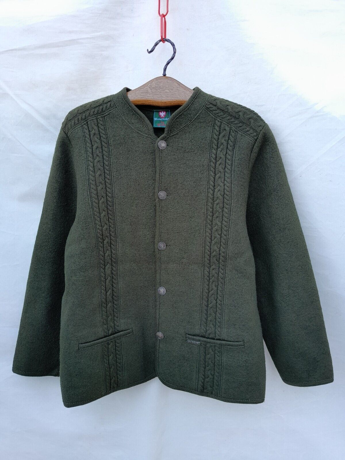 Vintage Austrian Boiled Wool Jacket Men\'s Medium Forest Green Pockets Metal Logo
