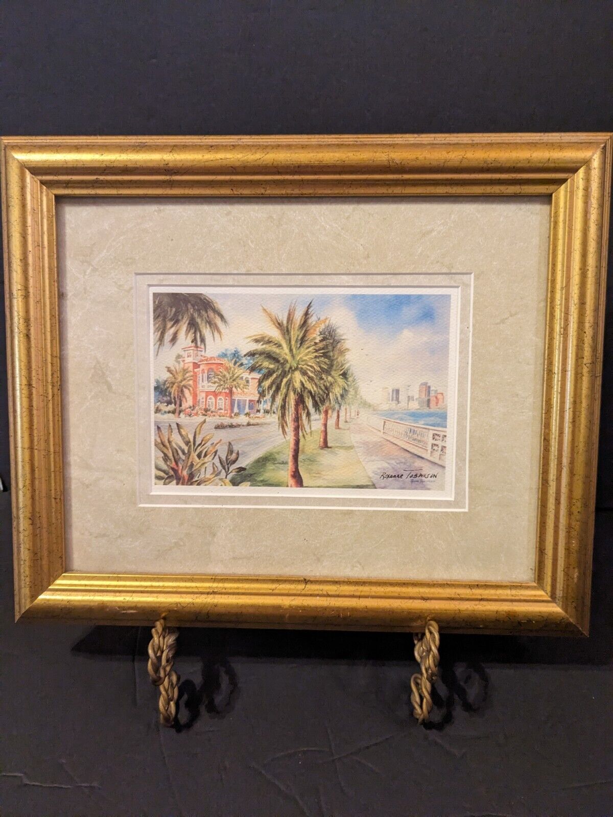 Vintage Artist Signed Gold Framed Watercolor Palm Tree Tropical 10x12