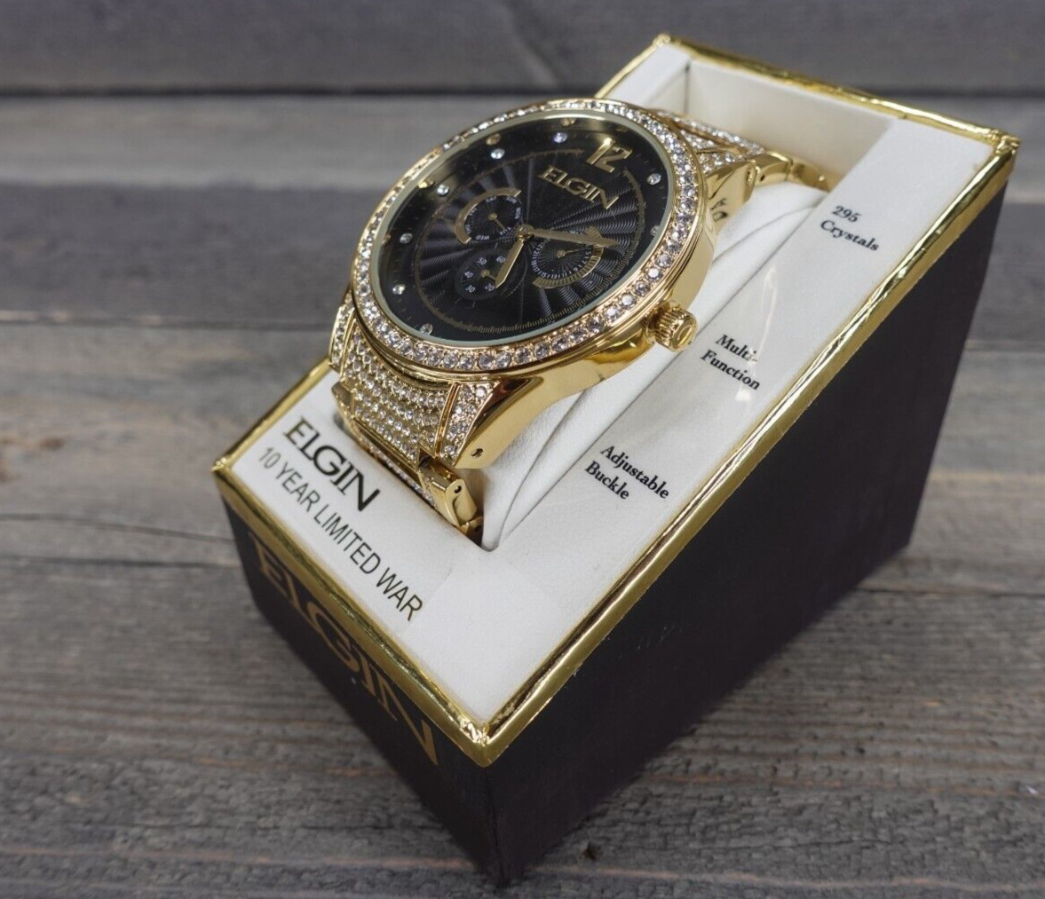Elgin Men's Gold-Tone - 295 Crystals - Black Dial Watch - FG160030G - NEW