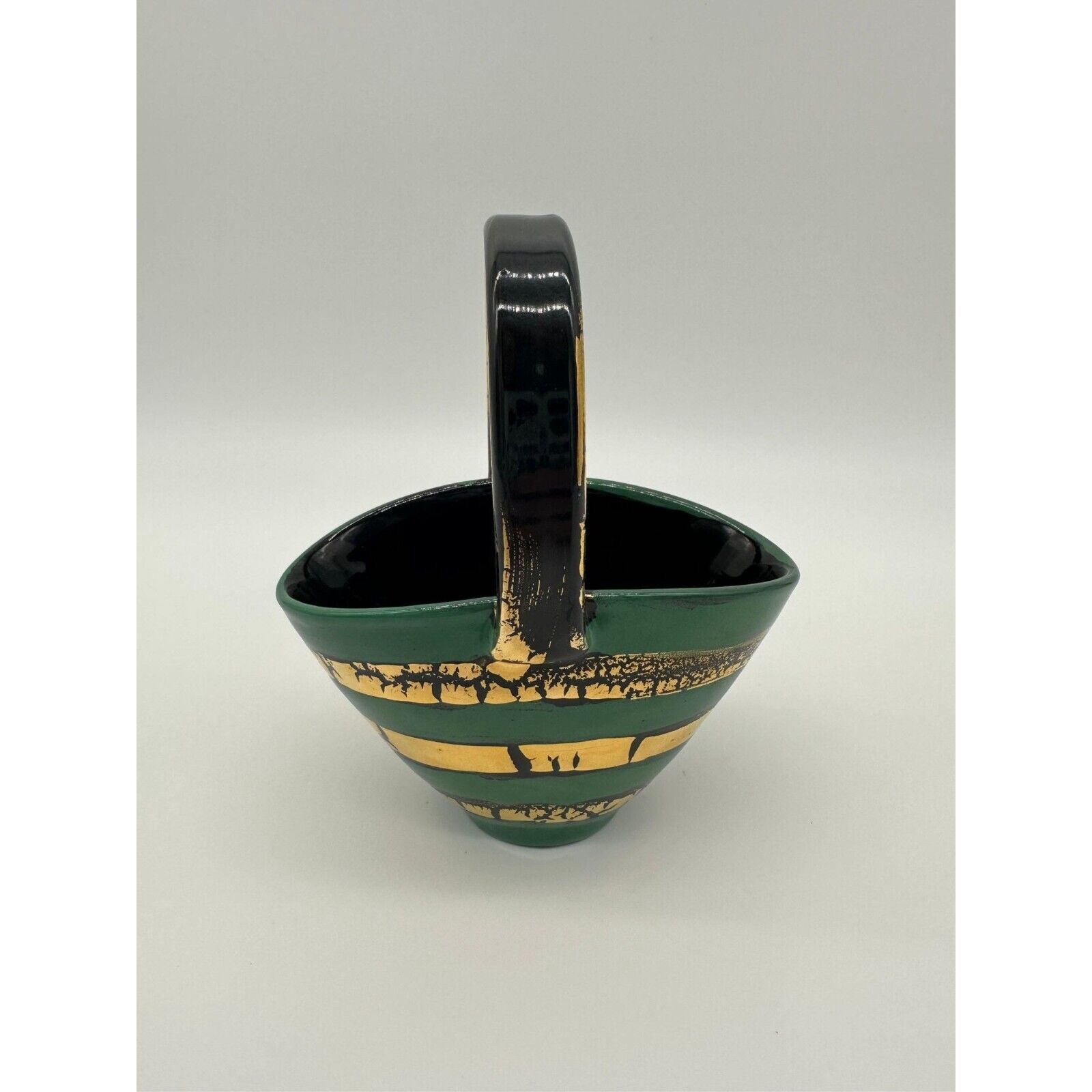 Vintage Italian Pottery Basket Decorative Green Black Gold Stripe Crackle Glaze
