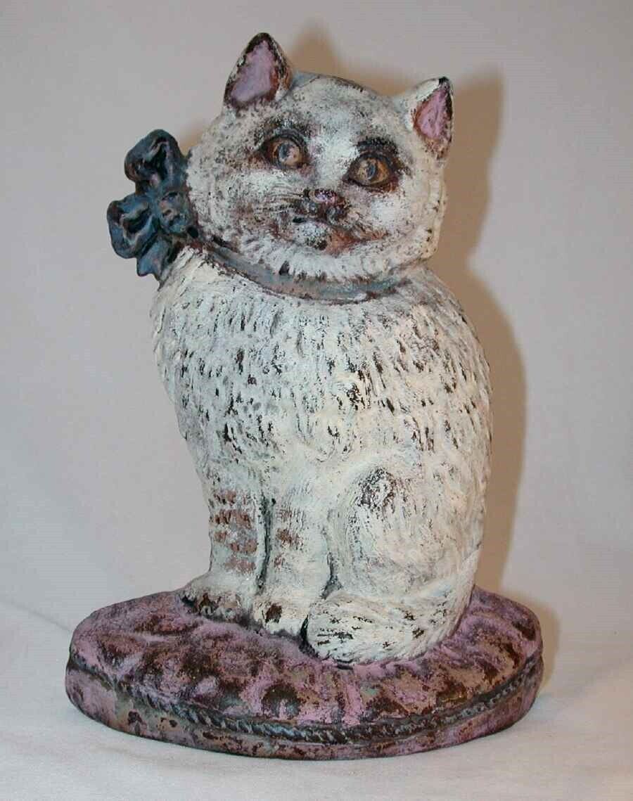 Vintage Cast Iron Doorstop Colorful Cat with Blue Bow Sitting Up on Pink Pillow