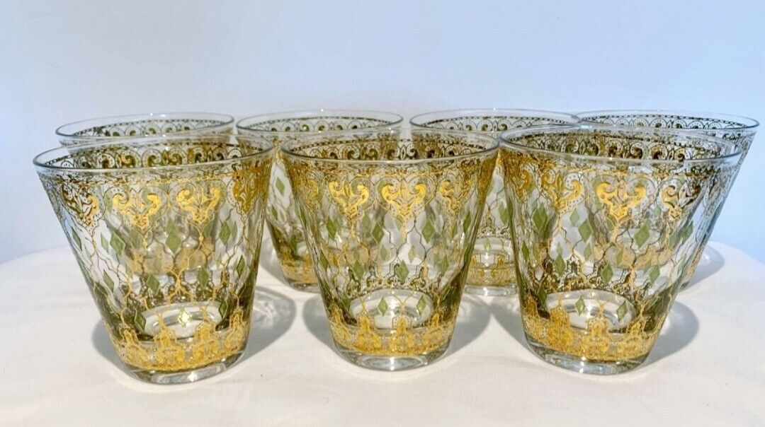 Vintage MCM Culver Valencia 22 K Double Old Fashioned Glasses X7.