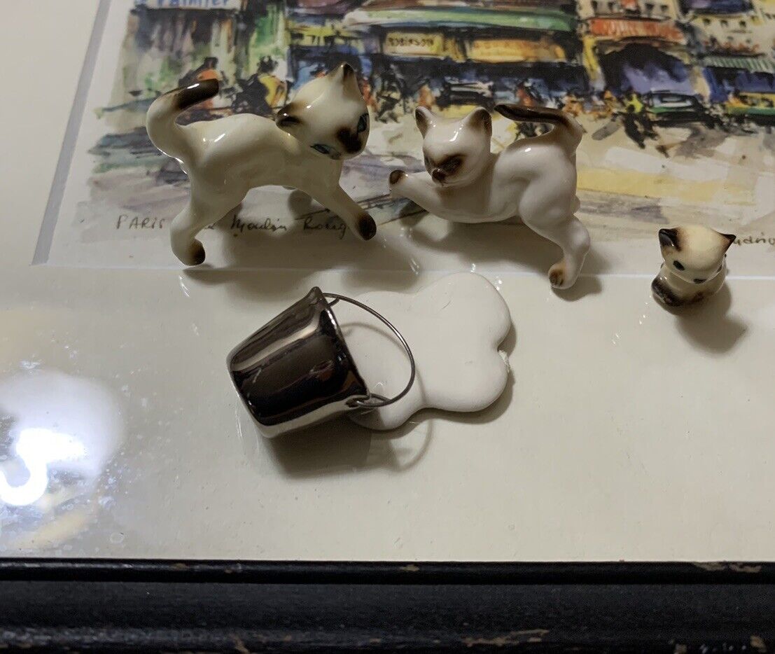 Vintage Set 3 Hagen Renaker Minature Siamese Cat Figurines & Spilled Milk Pail