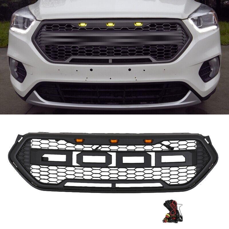 Black Front Grille Fits For  2017 - 2019  FORD ESCAPE / KUGA Upper Grill W/Light