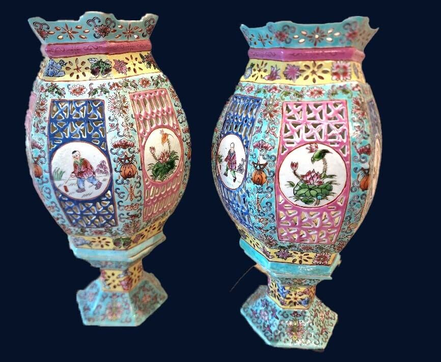 Superb Pair Late Qing Fam Rose Reticulated Wedding Lanterns with Hexagonal Bases