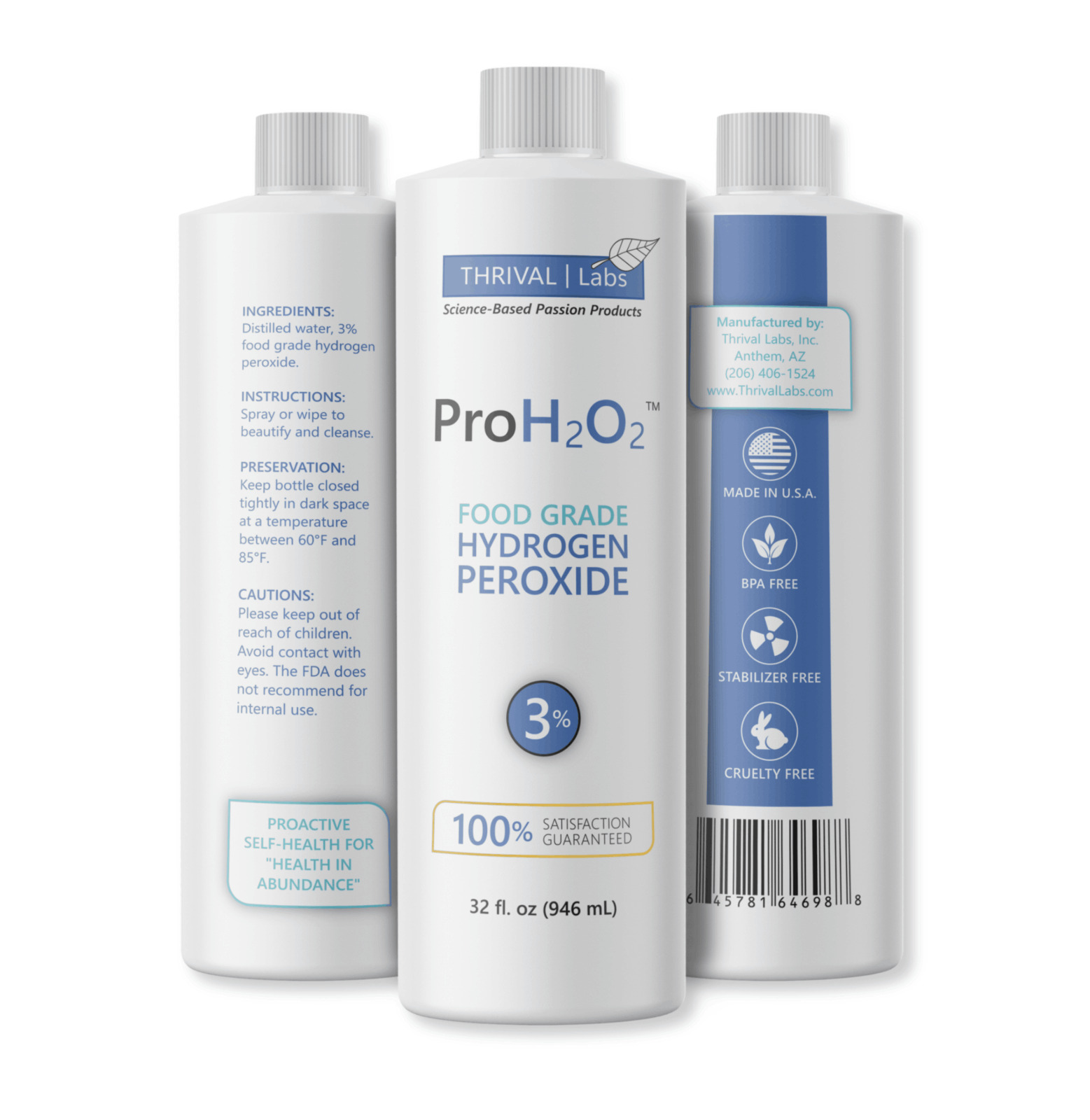 ProH2O2 Food Grade Hydrogen Peroxide 3%, 32oz Refill Bottle by Thrival Labs