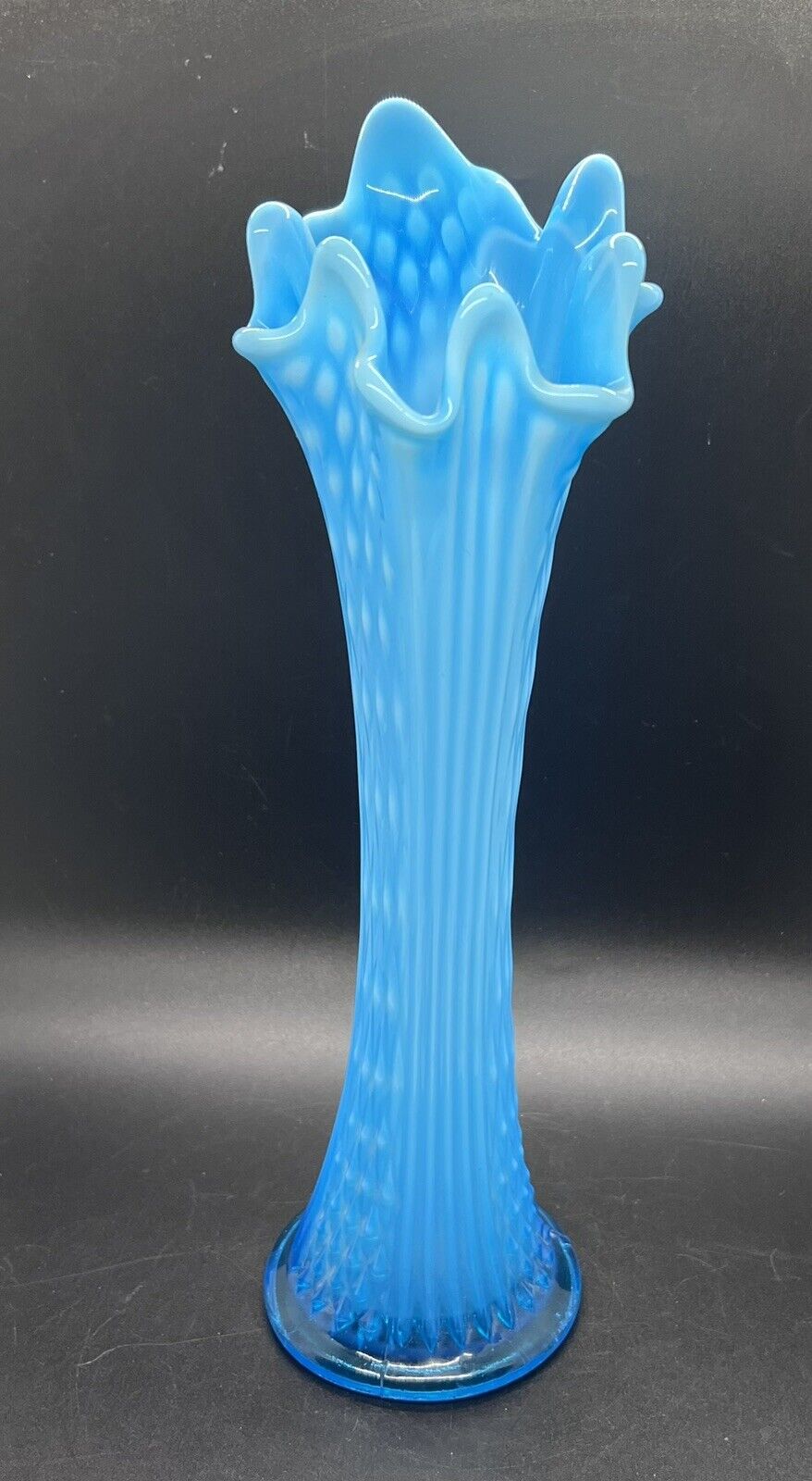 Fenton Stretch Swung Blue Satin Glass Diamond and Ridge Pattern Vase 12”