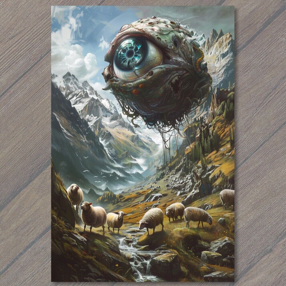 POSTCARD Eyeball Monster Mountains Sheep Weird Unusual Eye Scenic Strange Funny