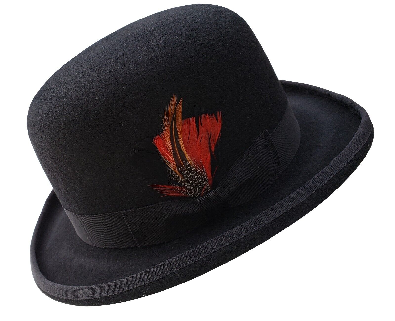 Derby Bowler 100% Wool Felt with Removable Feather Fedora Hat for Men