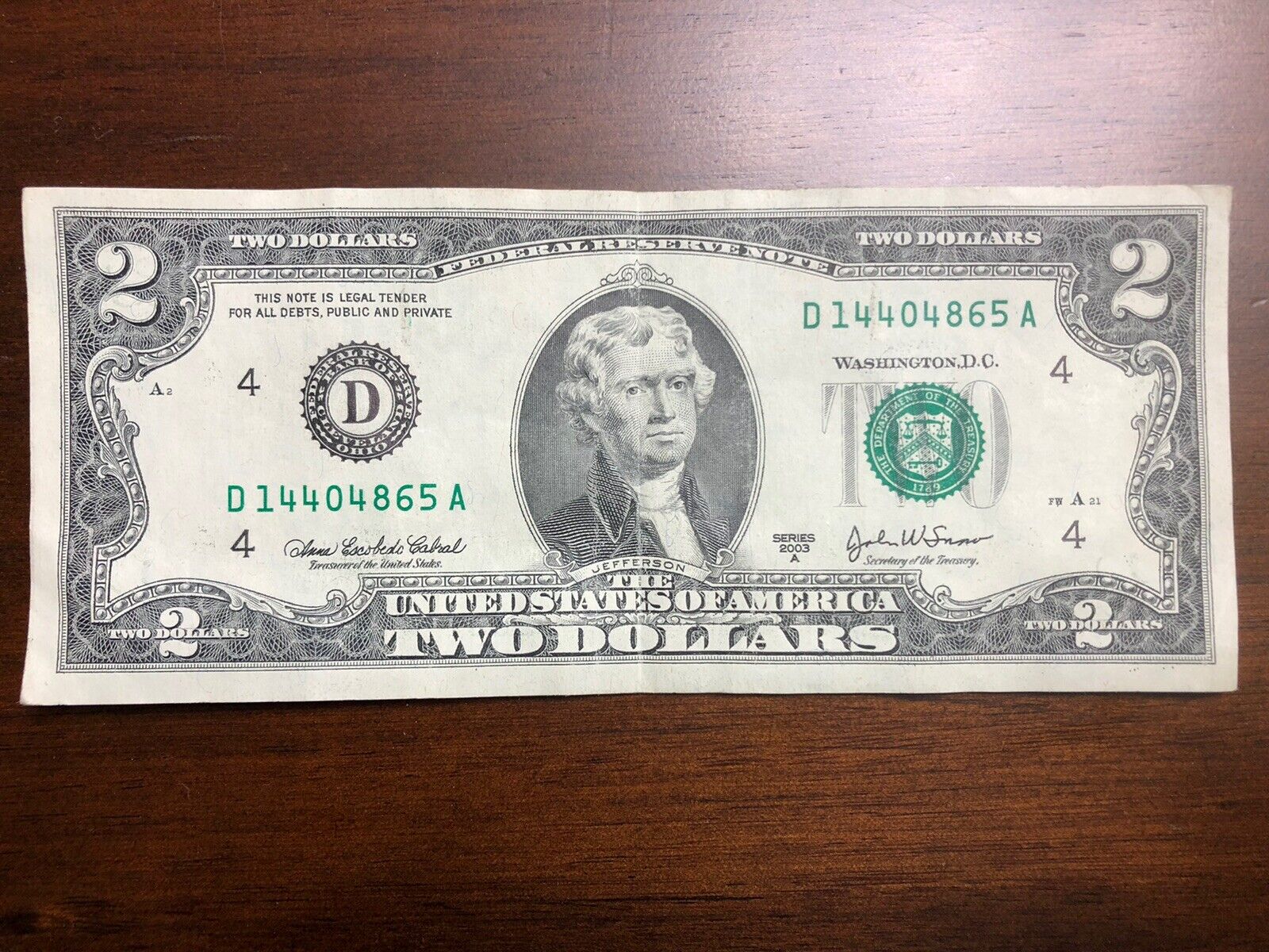 2003 - $2 Two Dollar Bill Rare Series A