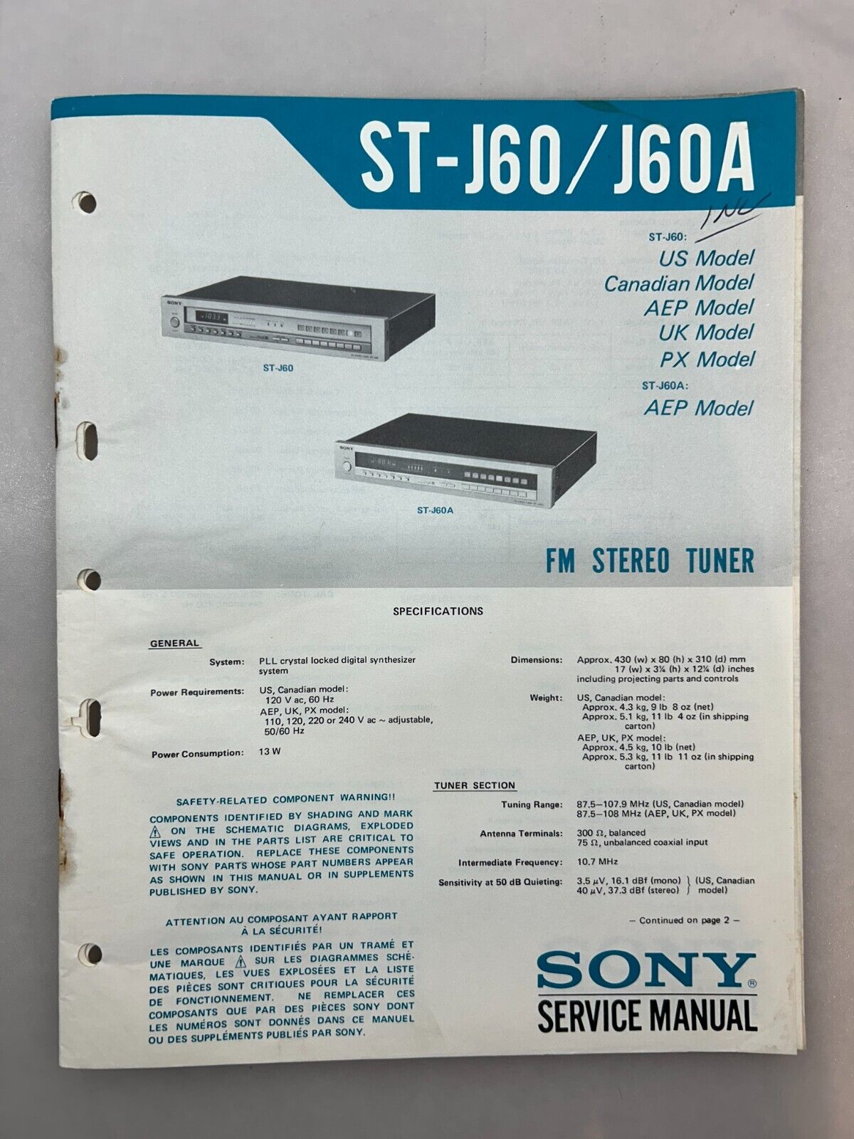 Sony ST-J60 J60A Original Service Manual 