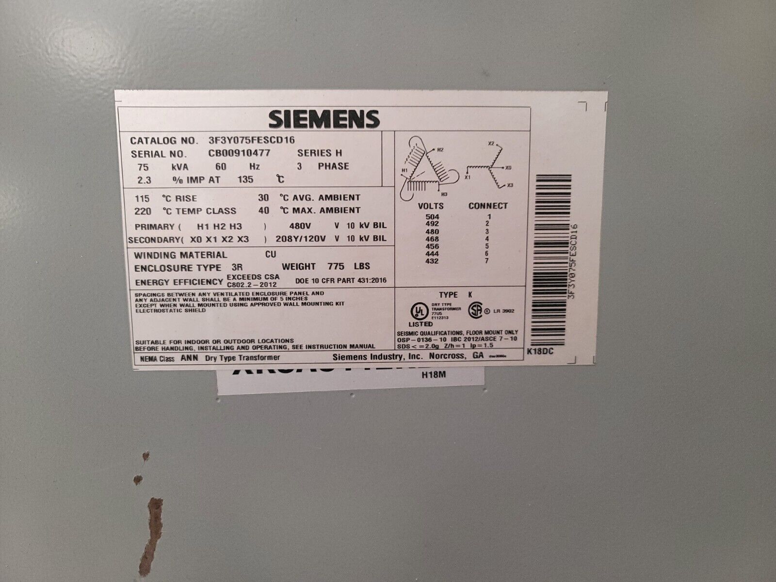 Siemens 75 KVA 3 Phase Transformer 3F3Y075FESCD16 480-208y/120v Indoor USED