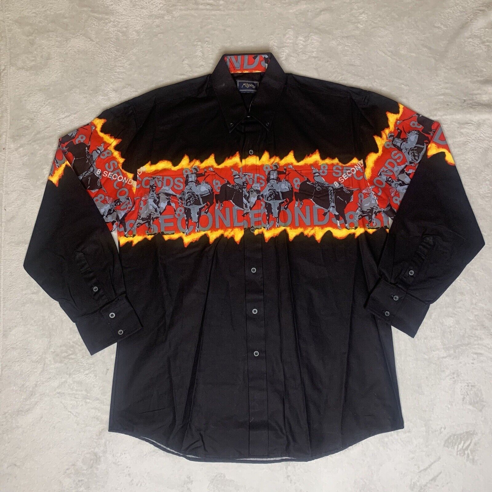 Roper Mens Large 8 Seconds Western Cowboy Graphic Long Sleeve Button Down Shirt