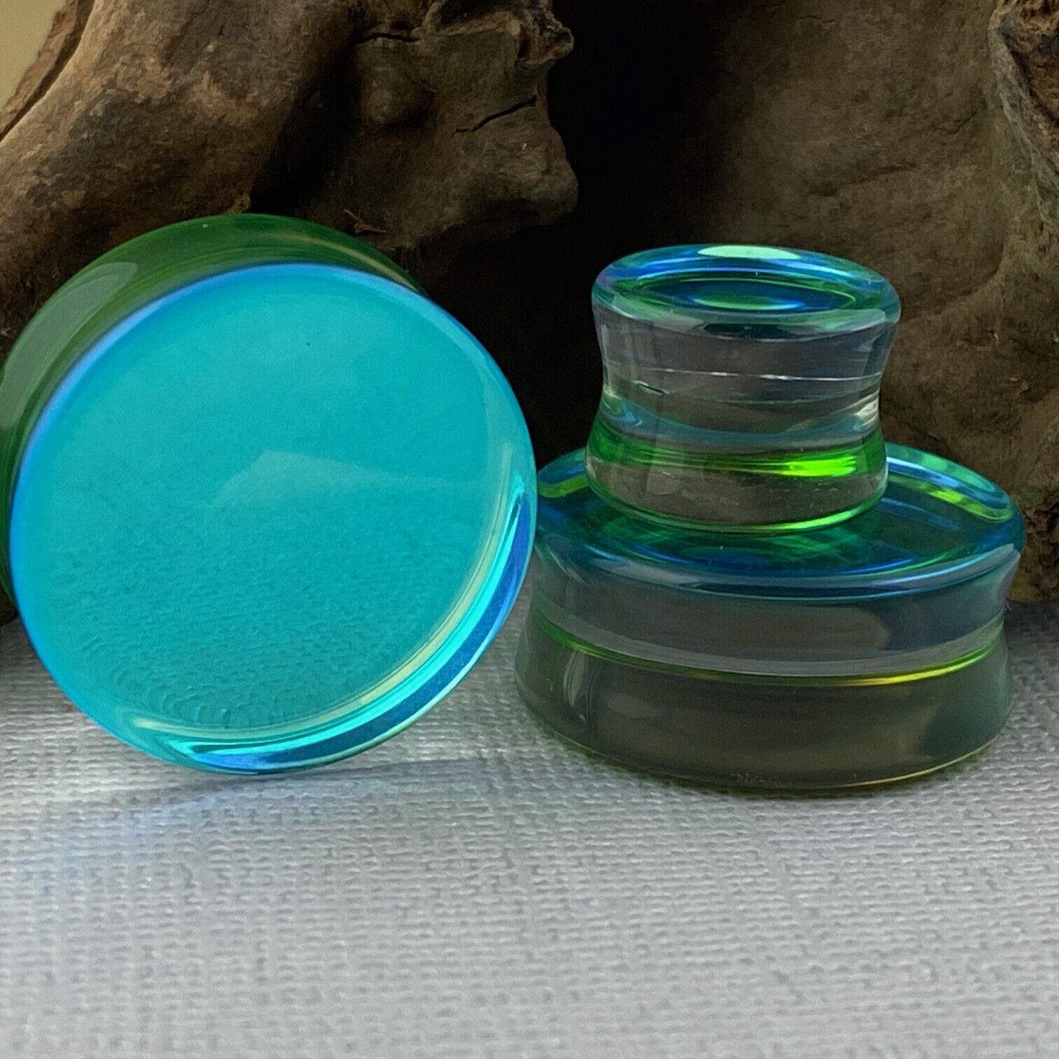 Green/Aqua Iridescent Double Sided Glass Plugs (PG-604) gauges PICK YOUR SIZE