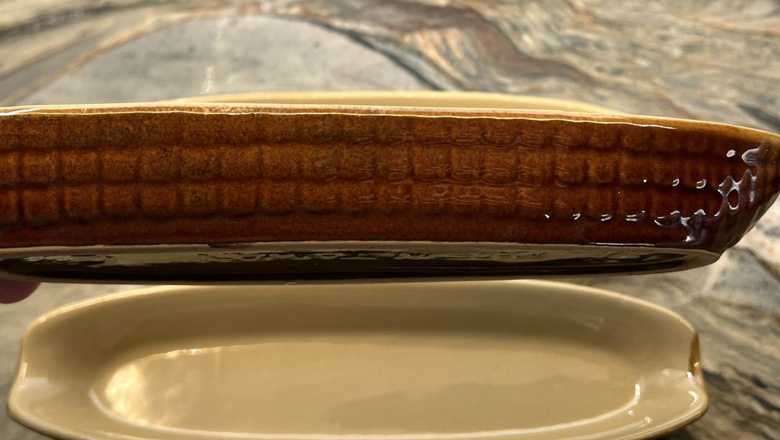 Vintage Corn on the Cob Holder Dishes Set of 4 Brown Ceramic Granny Core NICE