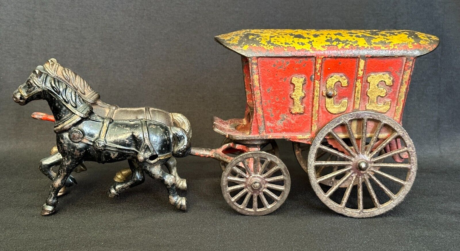 Antique ORIGINAL Cast Iron Horse Drawn Ice Wagon 12\