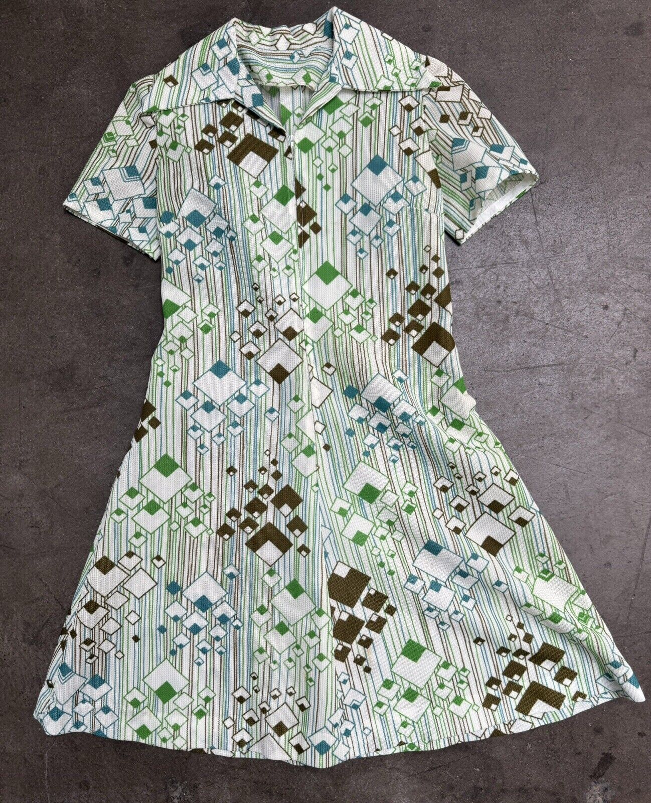 Vintage 70s Mod Geometric Green Mini Dress Medium