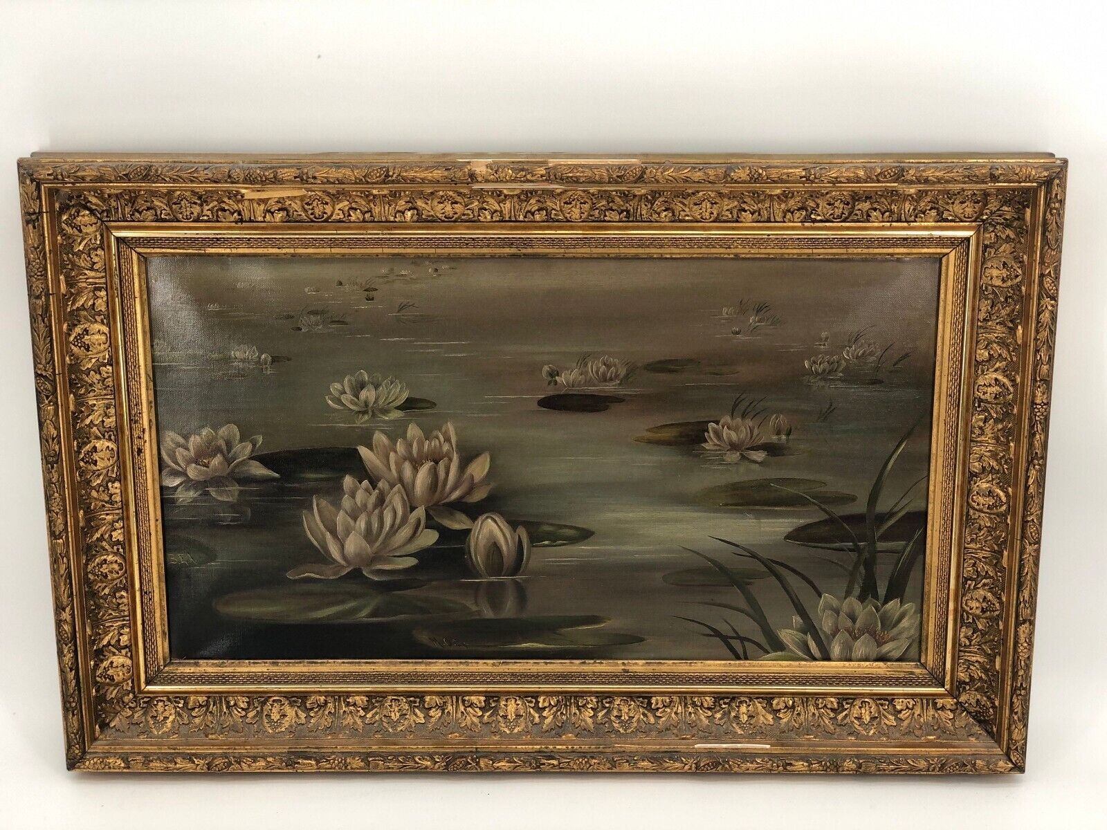 Antique Art Nouveau Lilly Pad Pond Lake Oil on Canvass With Gesso Frame