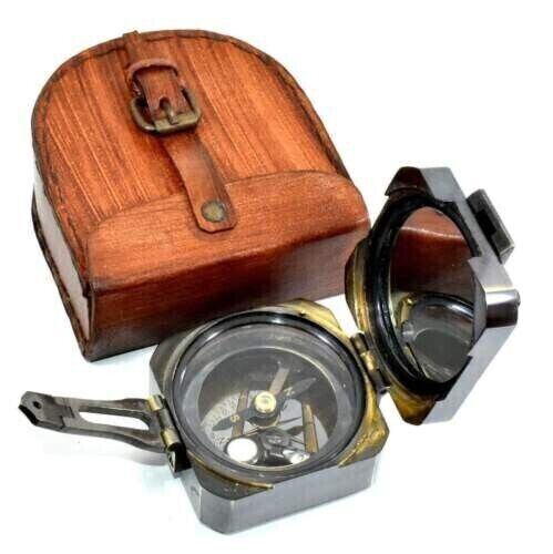 Antique Vintage Brass Solid  Kelvin & Hughes 1917 Brunton Compass leather box