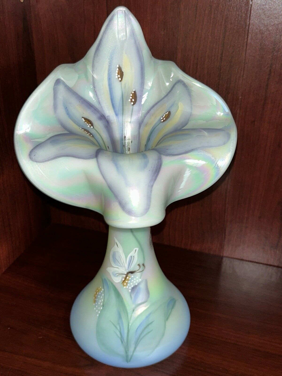 Fenton Floral Interlude Sea Green Satin Tulip Vase,  Signed S. Fisher, 1998
