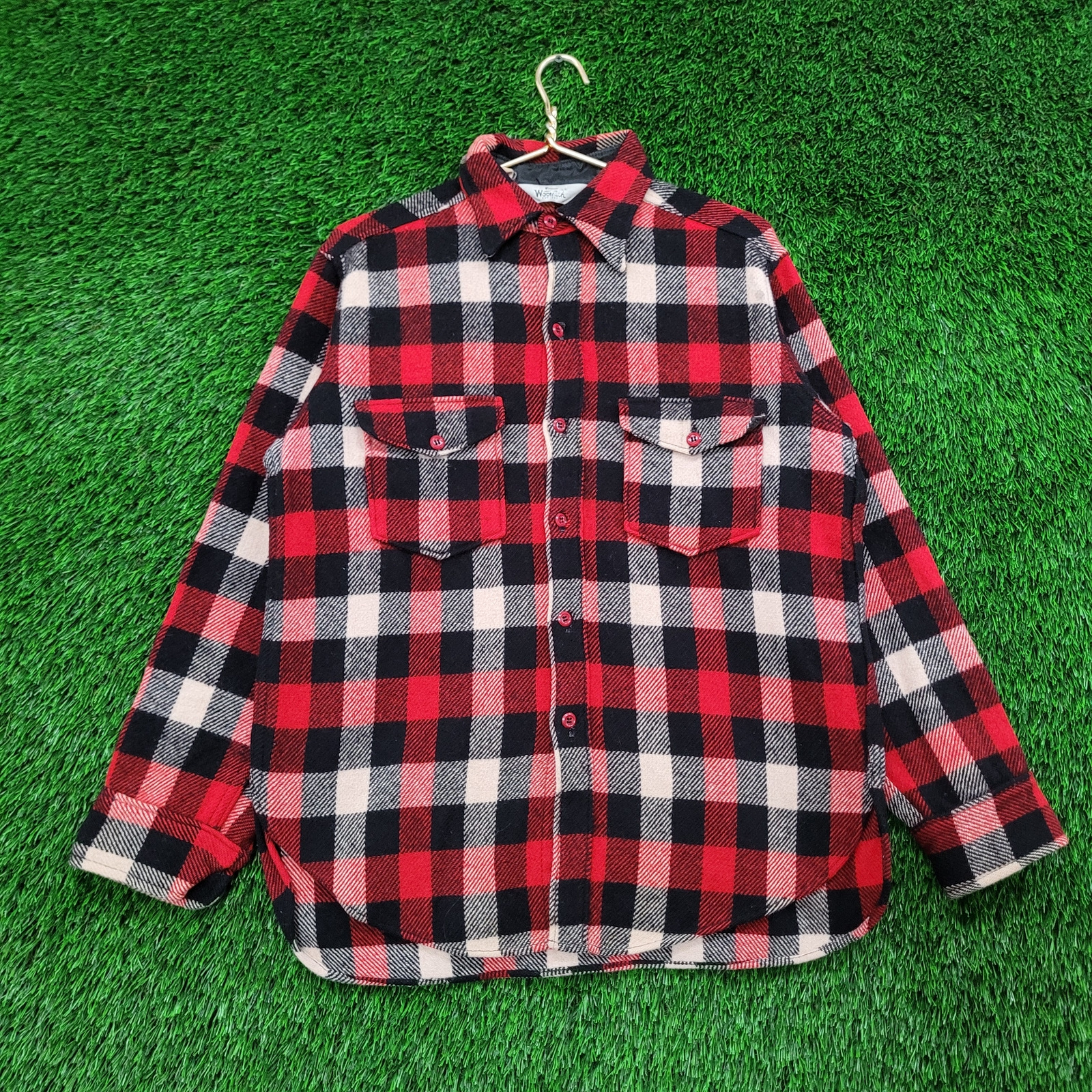 Vintage 60s Woolrich Flannel Mackinaw Shirt Large Thick White Red Black Shacket