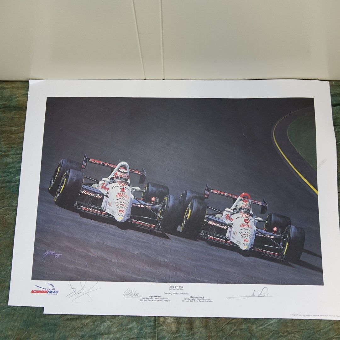 Newman Haas Litho Signed Mansell Andretti, 1994, unframed bottom corner cut out