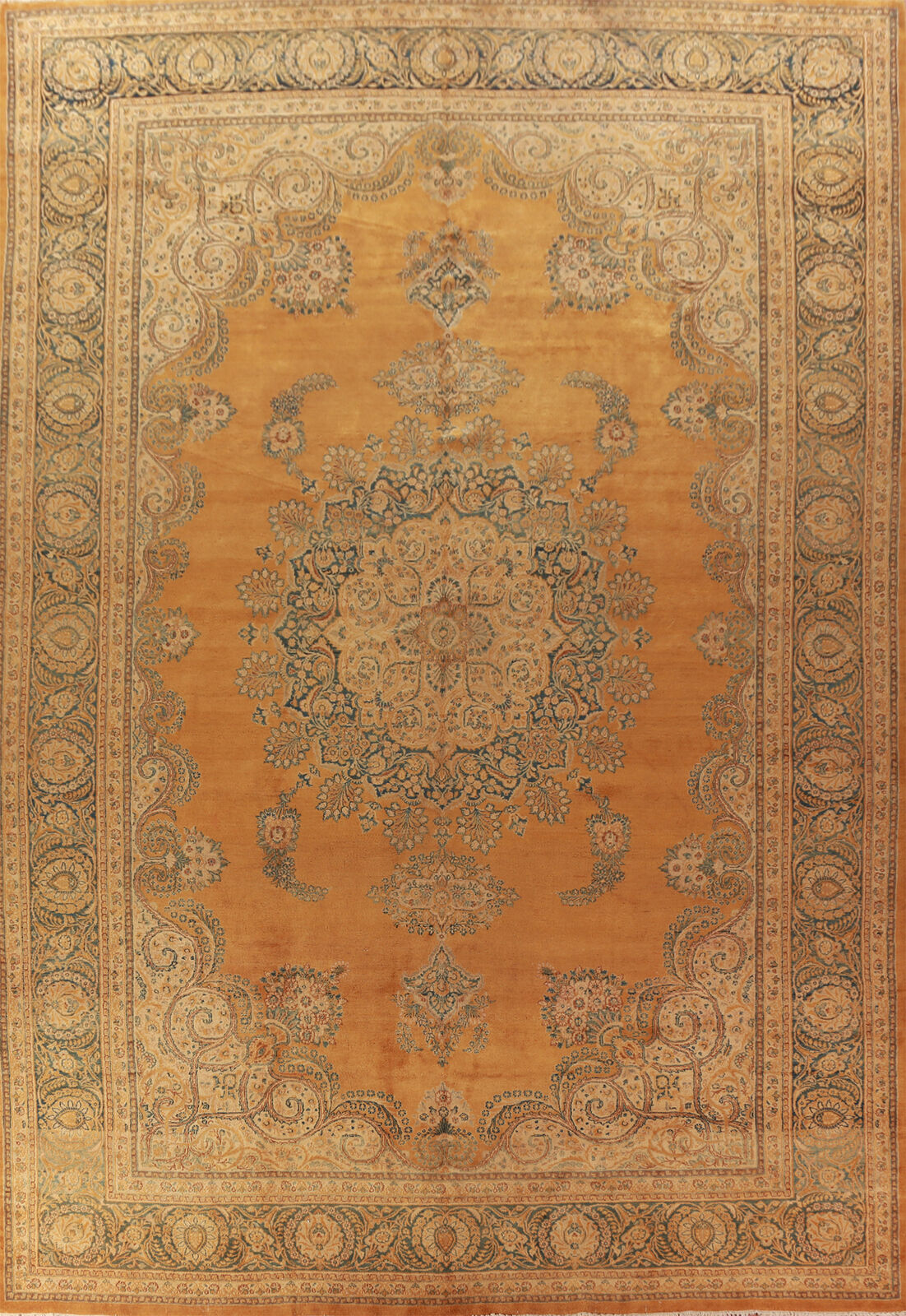 Vintage Orange/ Blue Floral Mashaad Palace Size Rug 13x18 Wool Hand-made Carpet
