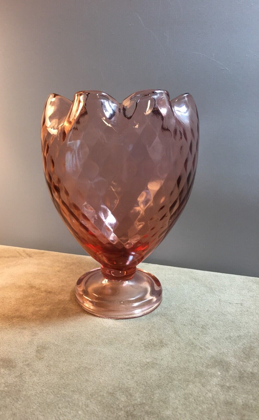 Vintage Fenton Pink Rose Bowl Pedestal Vase,  Diamond Optic & Crimped Rim
