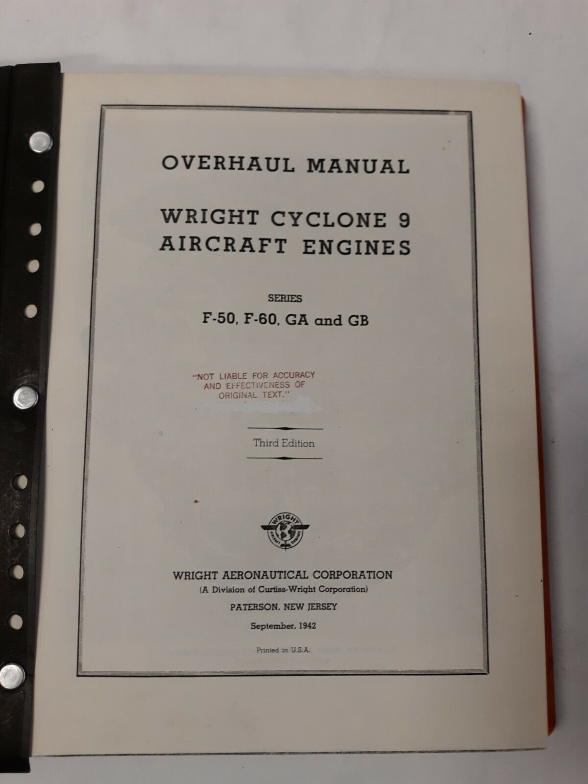 Wright Cyclone 9 Aircraft Engines Series F-50-60 GA& GB Overhaul Manual Copy