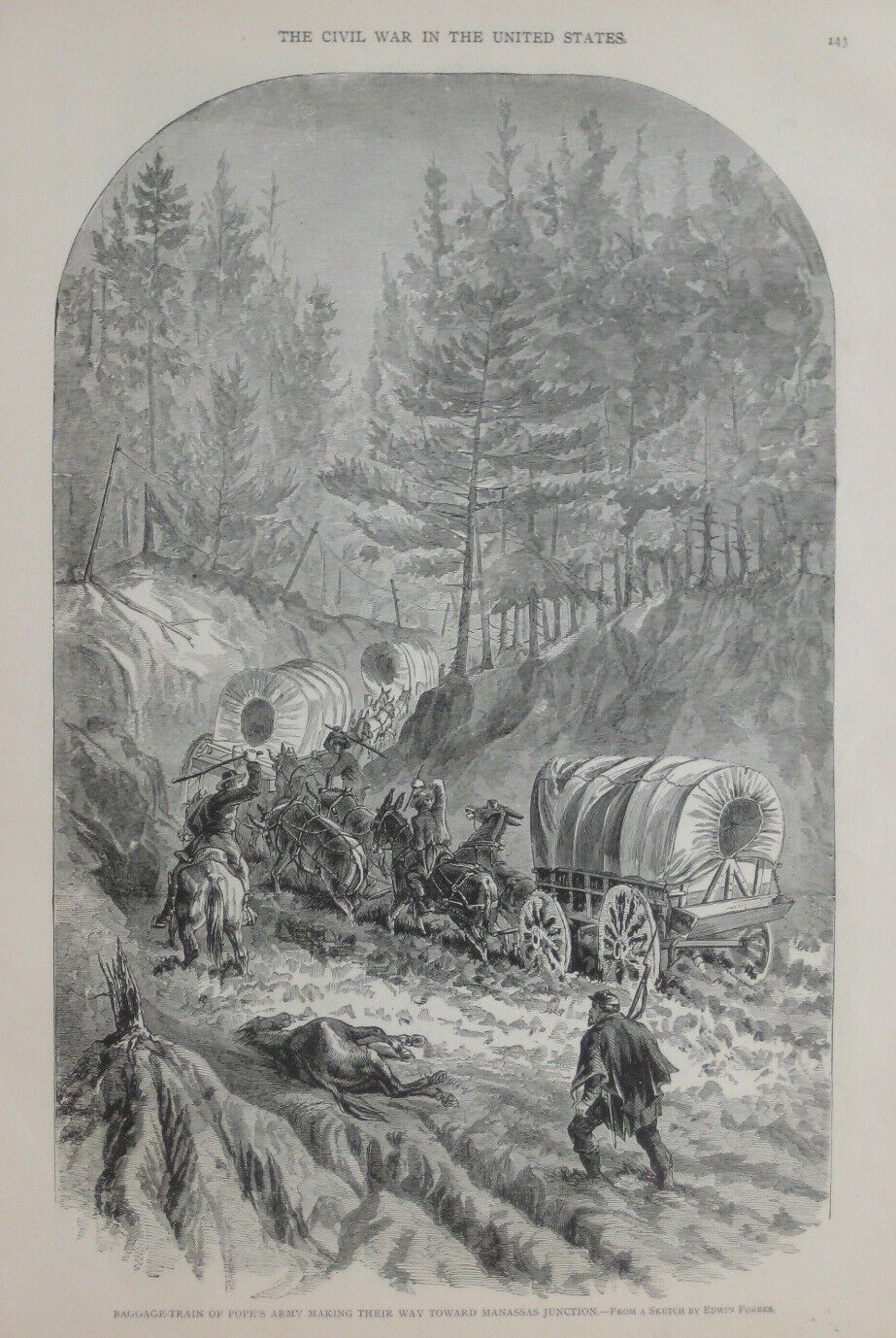 Original Civil War Lithograph GEN\'L POPE\'S BAGGAGE-TRAIN Wagons Horses Teamsters