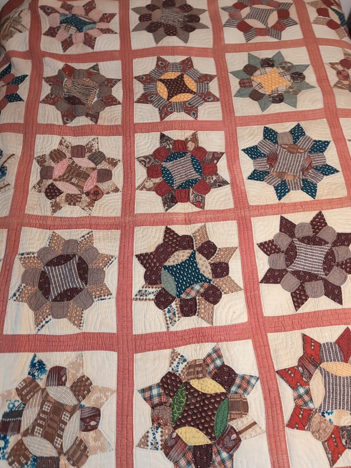 Antique American Patchwork Quilt Flower Star Hand Sewn Cotton as is Great Fabric