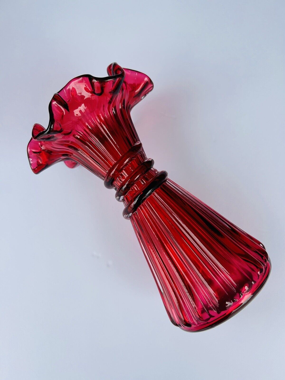 Vintage MCM Fenton Art Glass Country Cranberry Vase 7 1/2” (1960s)