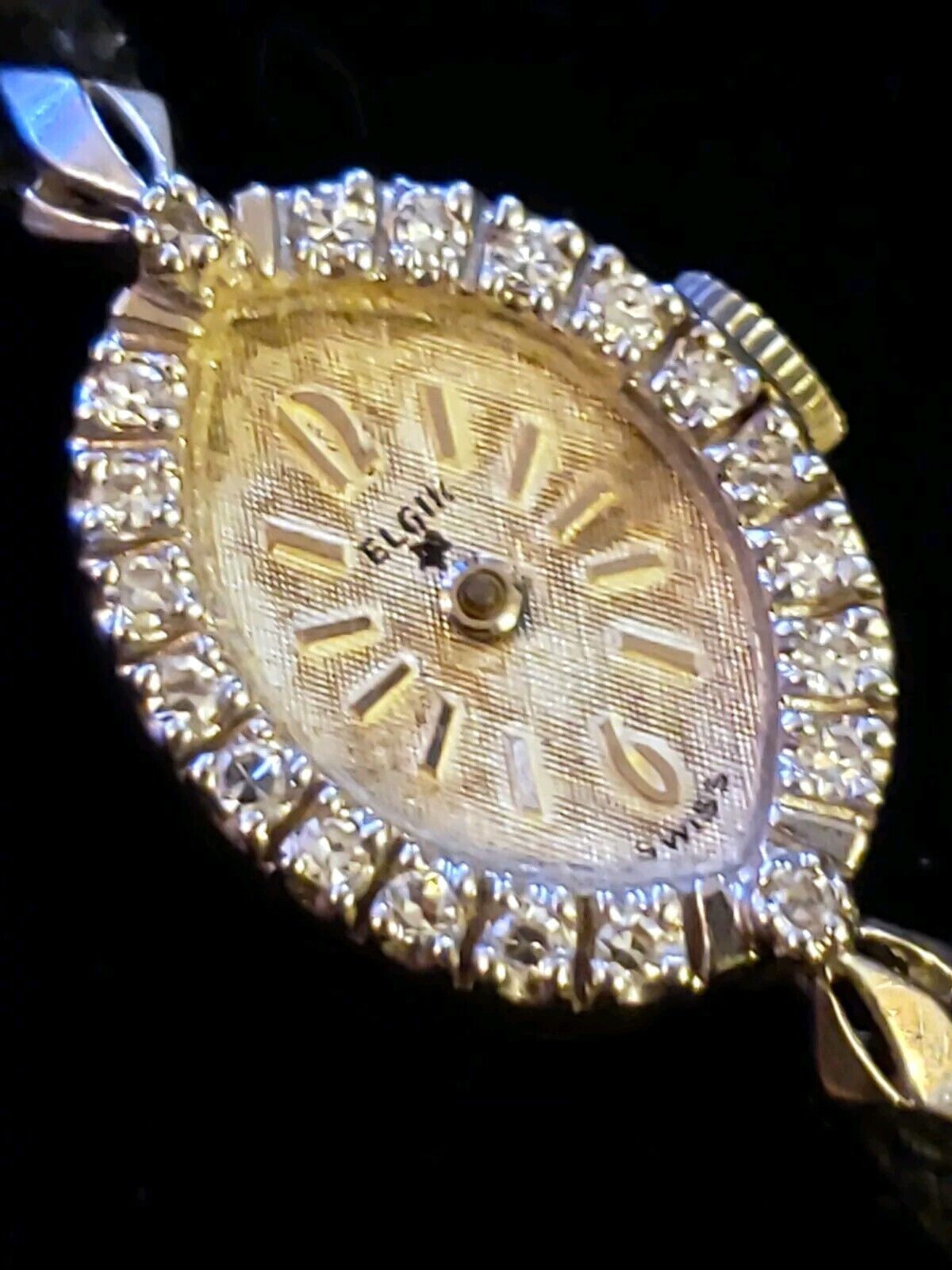 Elgin * 1930\'s Ladies Diamond Cocktail Wristwatch - 14k White Gold - Silk Band