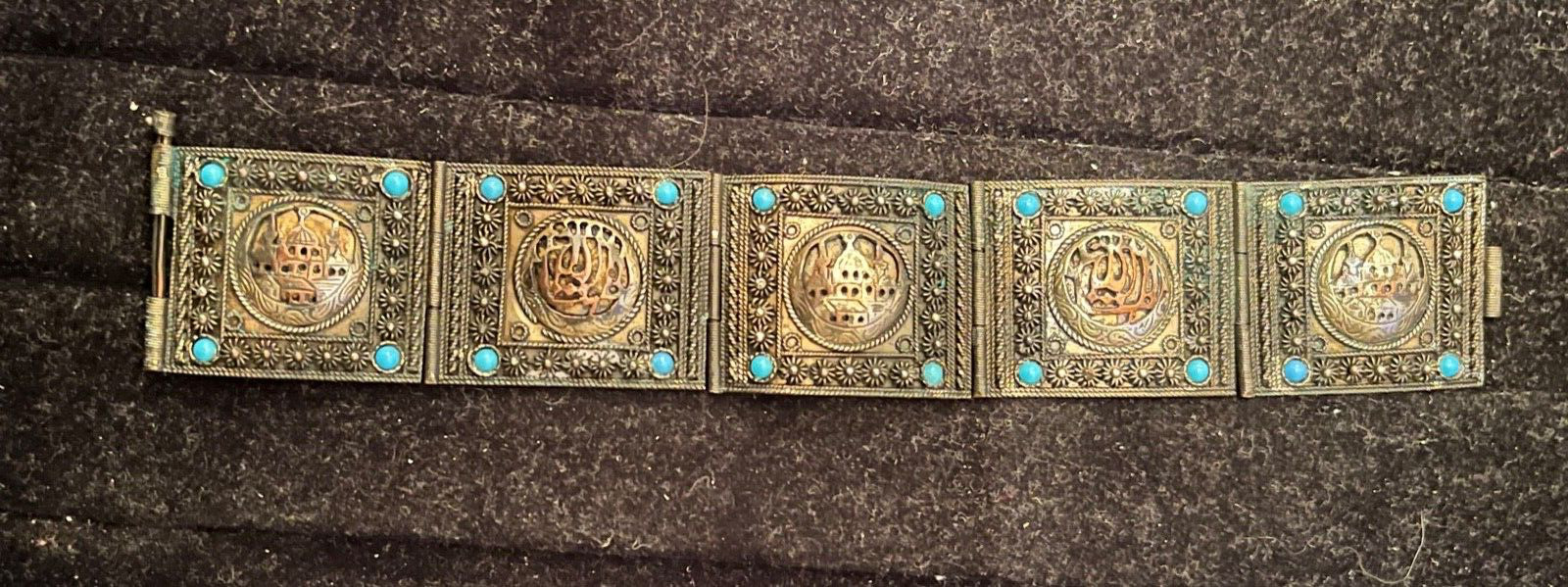 Vintage 1940s Silver Panel Link Bracelet with Turquoise Gemstones 900 Silver
