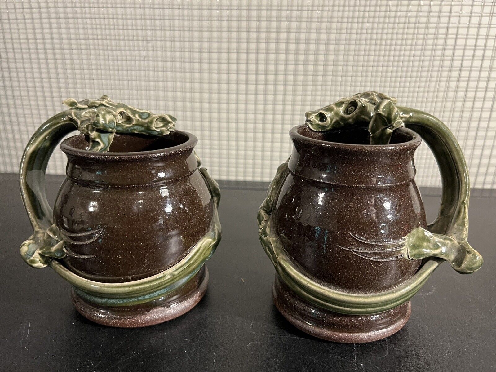 Vintage Handmade Glazed Clay Pottery Coffee Tea 2 Mugs Medieval Dragon Stoneware