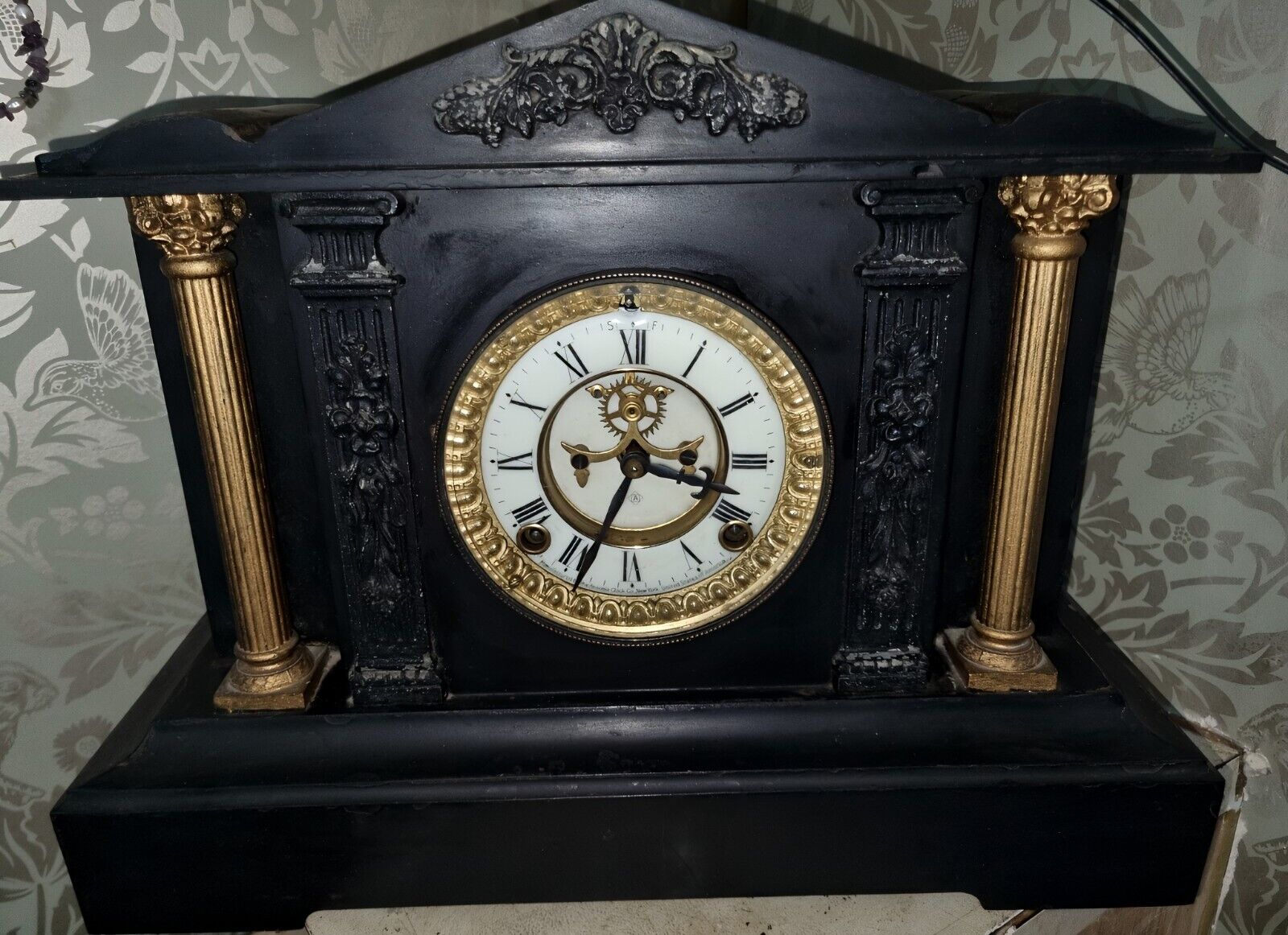 Antique Ansonia Mantel Clock Ebonized Cast Iron 