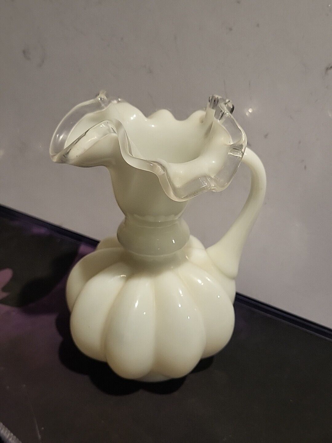 Fenton Silver Crest Melon Style White Milk Glass Ruffled Pitcher Vase