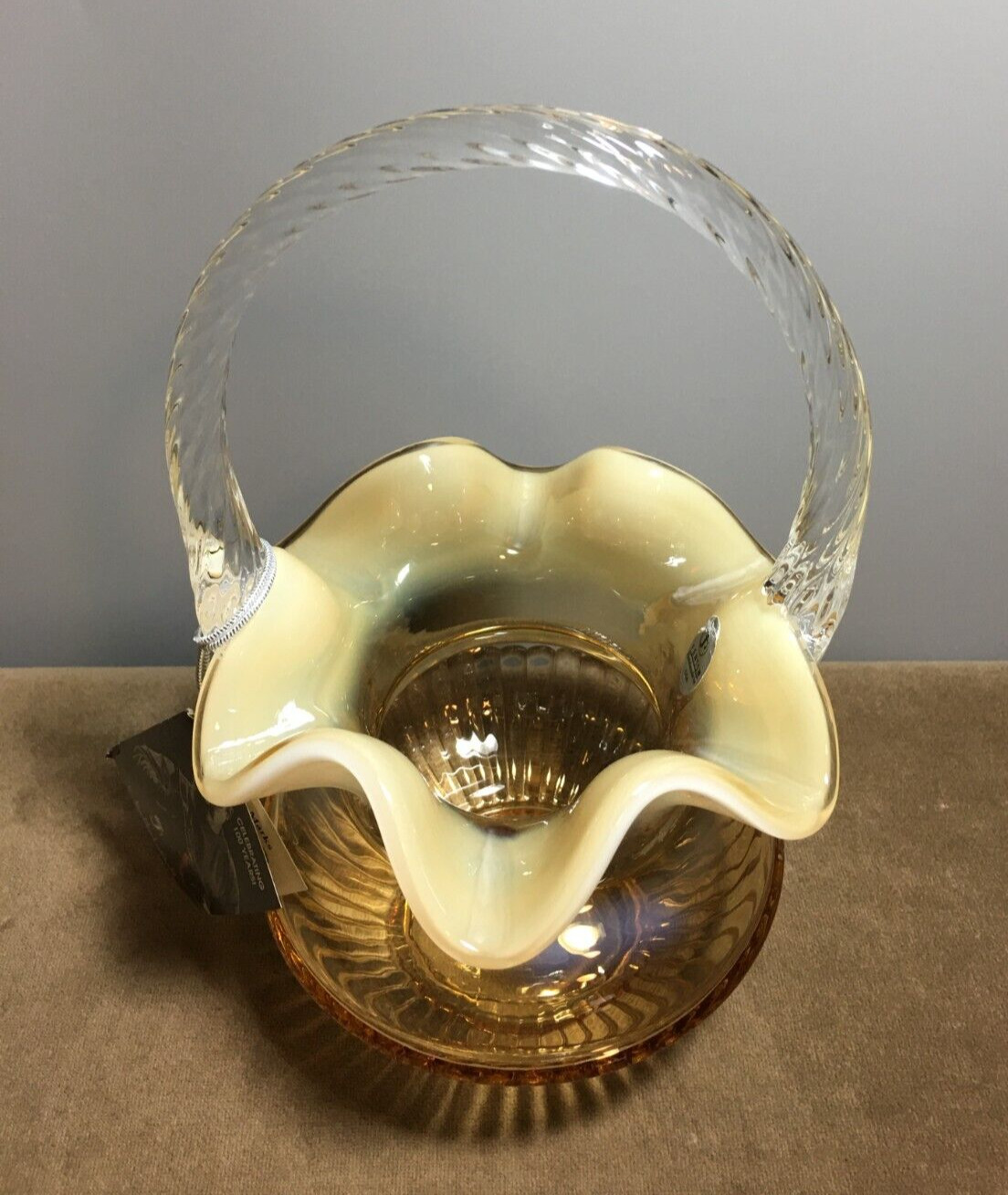 Fenton Art Glass Opalescent Silken Sand Adams Rib, 100 Anniversary Basket w/Tags