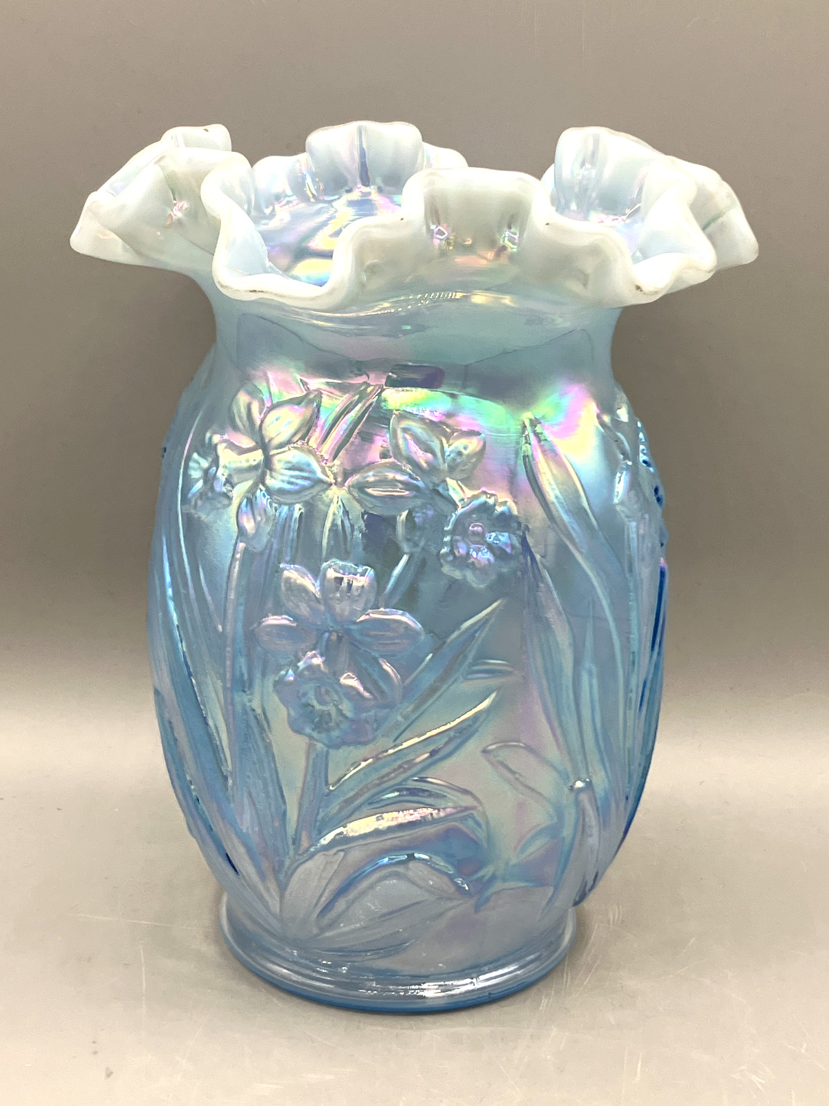 Vintage Fenton Opalescent Iridescent Pale Blue Daffodil Ruffled Vase