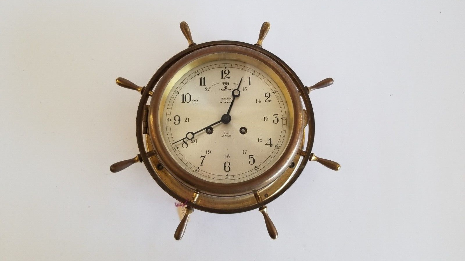 SALEM Ships Bell 8 Day Clock Brass Made in Germany with Key 12/24 Hour Runs