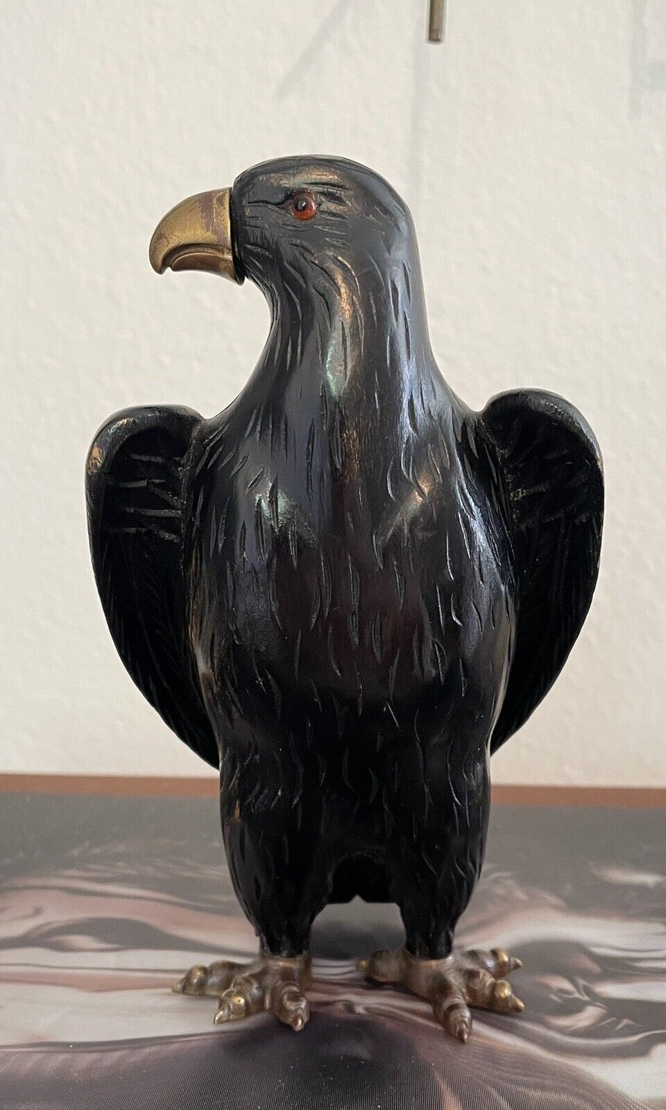 Antique Ebonized Carved Wood Eagle w/Brass Details + Glass Eyes + Claw Feet