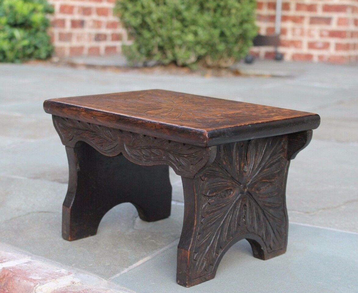 Antique English Oak PETITE Carved Top Foot Stool Bench Kitchen Kettle Stand #1