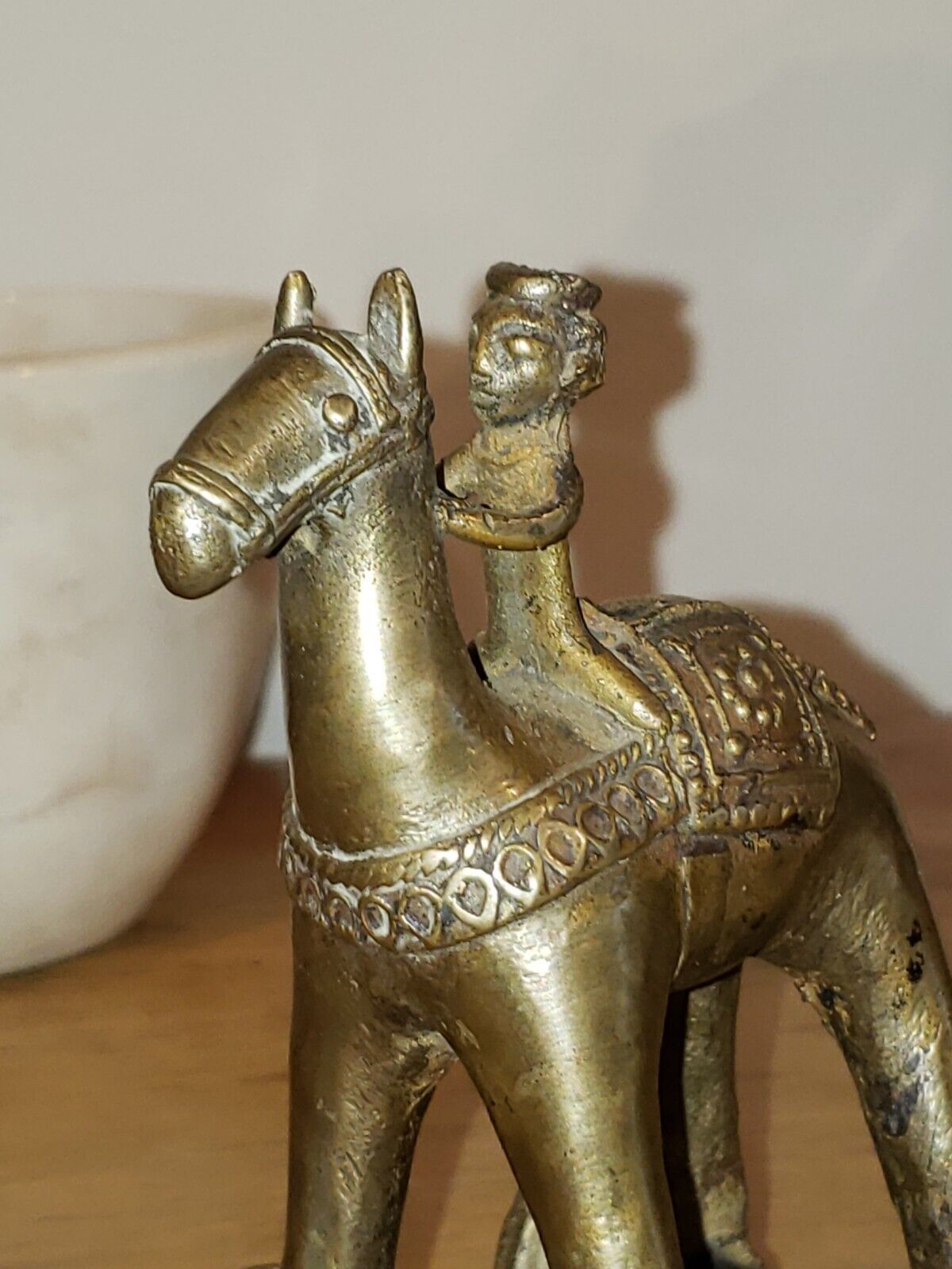 Vintage Brass India Temple Toy Horse on Wheels With Rider, Wheels Still Work