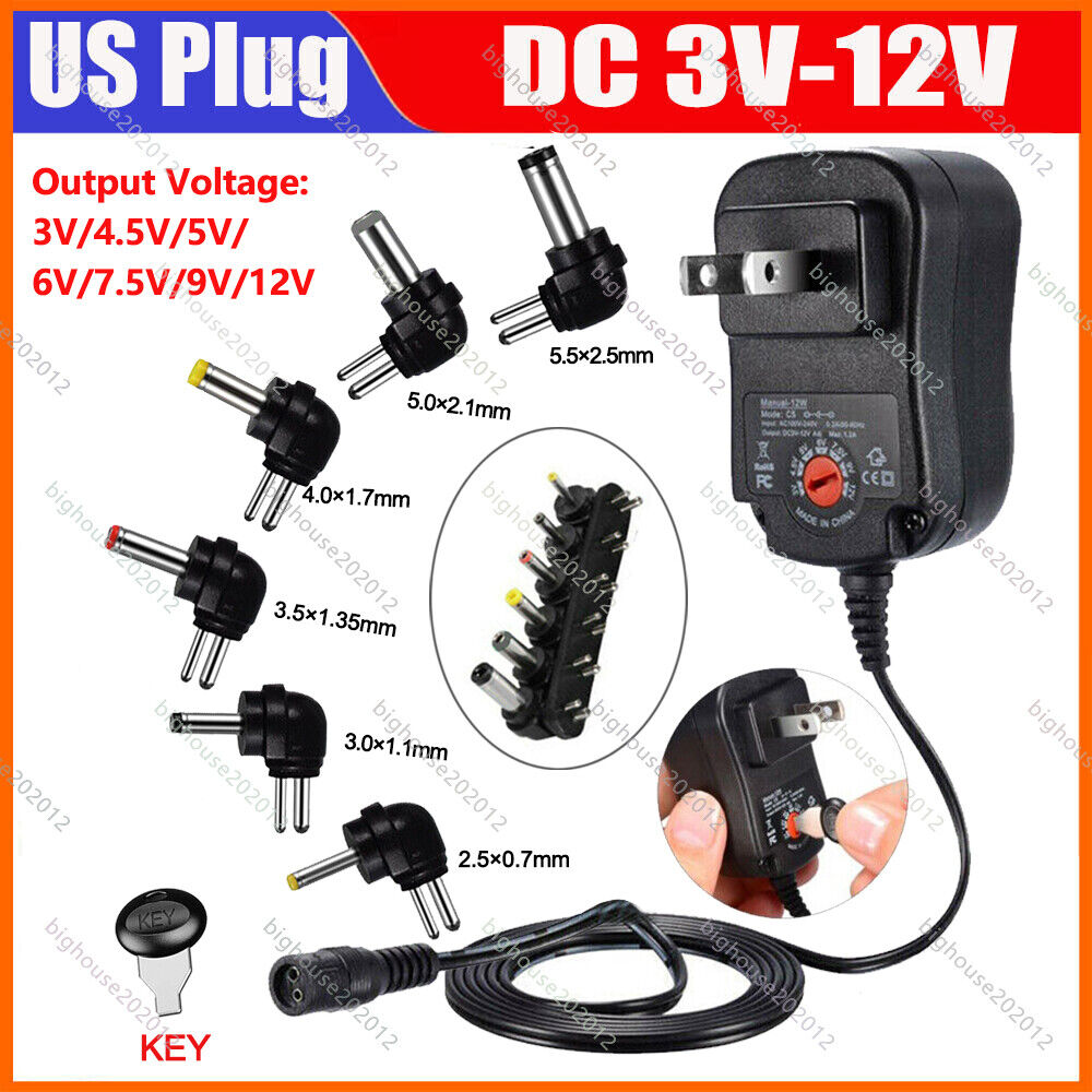 AC/DC Adapter Switching Power Supply w/ 6 Selectable Plugs 3/4.5/5/6/7.5/9/12V