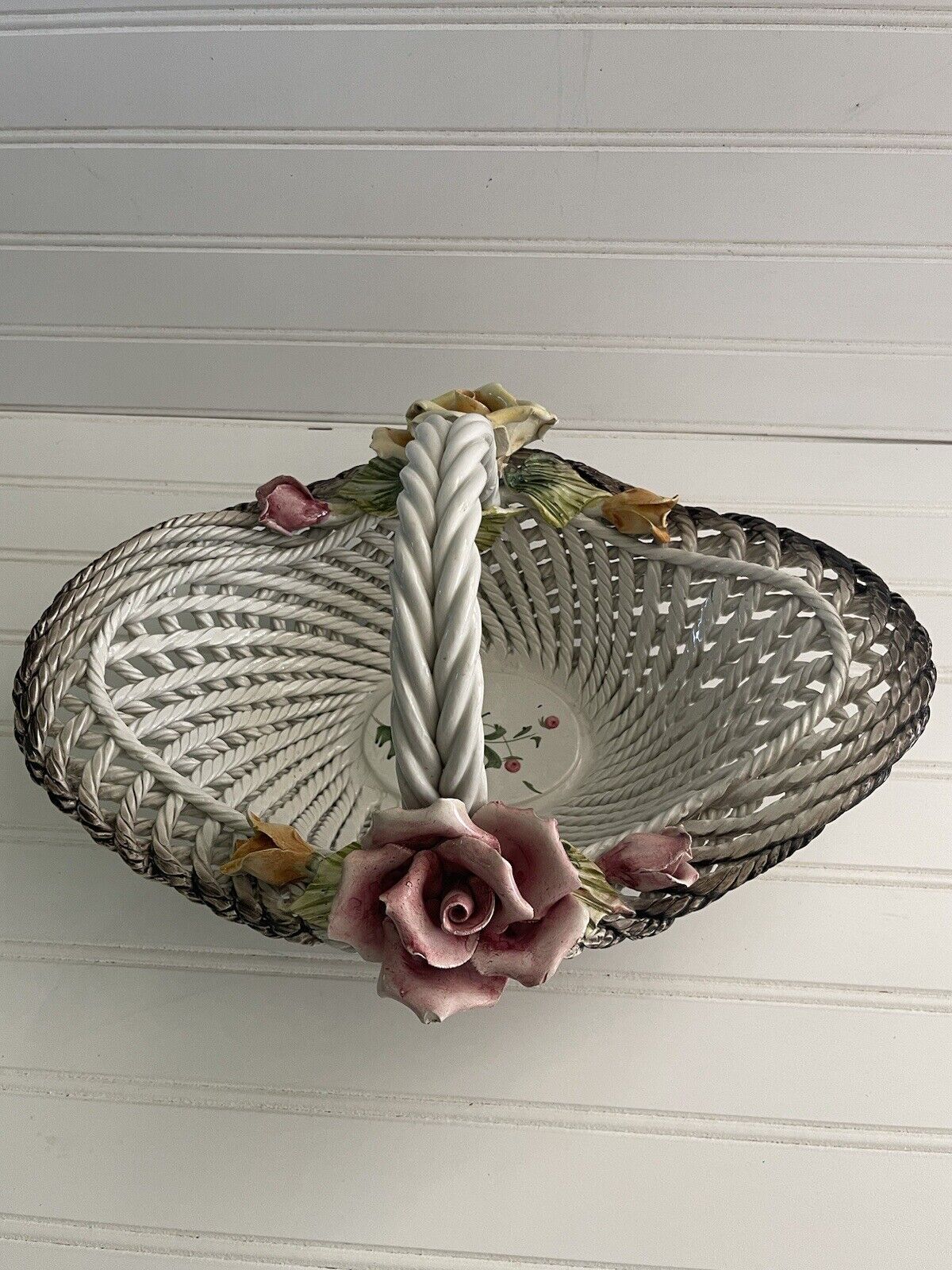 Capodimonte Vintage Large Woven Rose Flowers Porcelain Basket Classic Style 14”